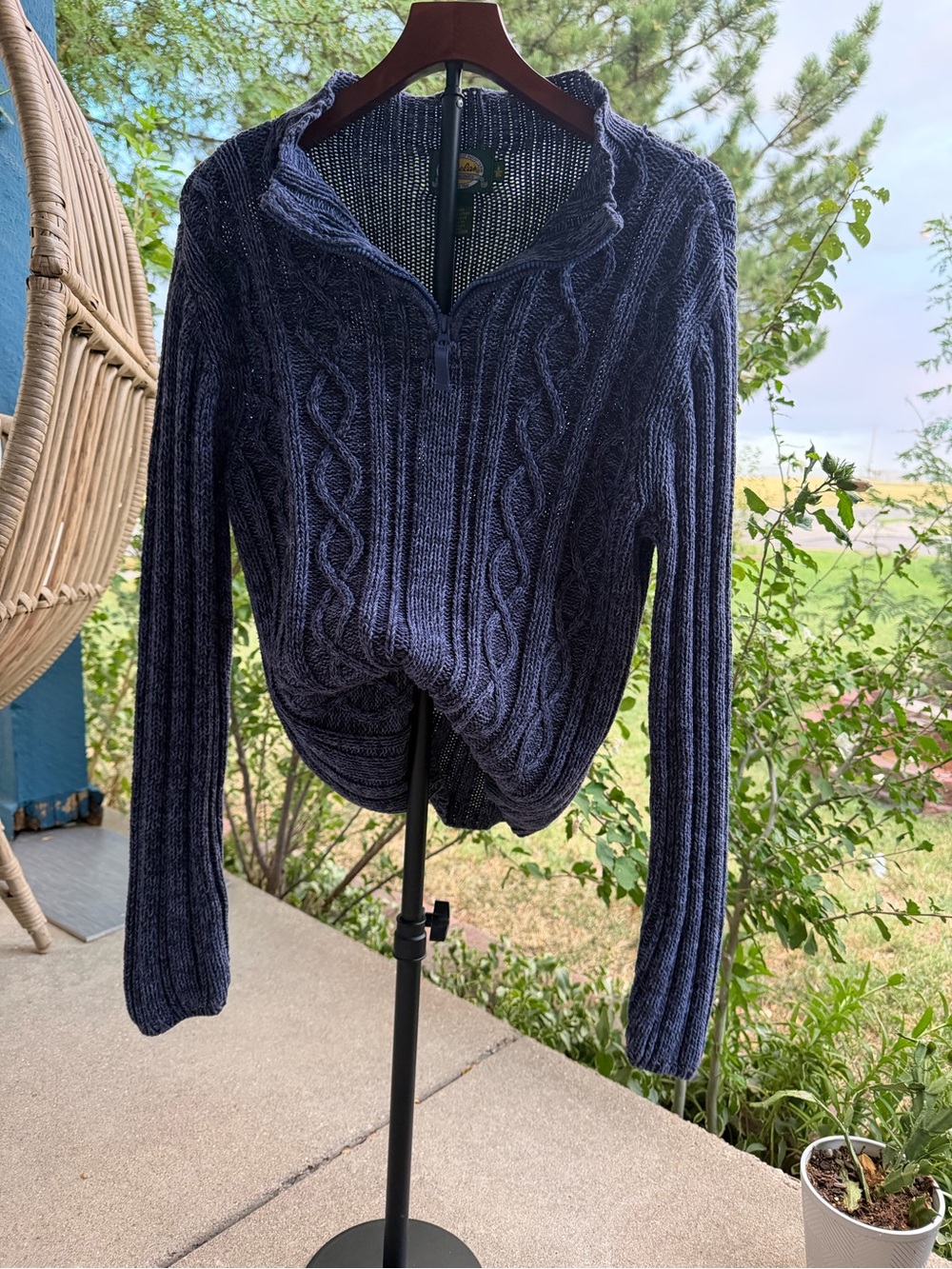 Cabela's Women 100% Cotton Blue Sweater with 1/4 Zip Up stand up collar Size M